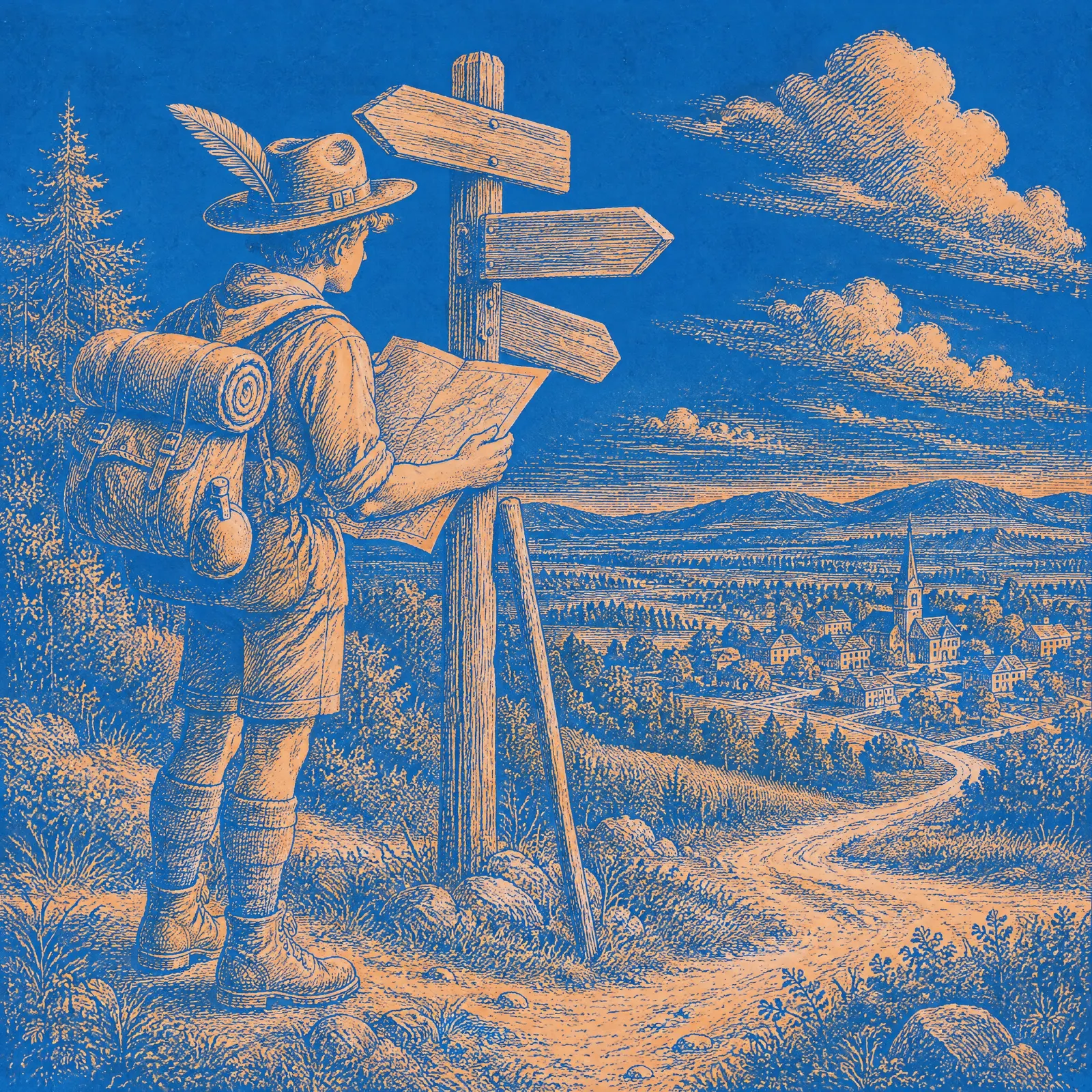 Engraved illustration of the scout reading a map beside a crossroads signpost above a small town