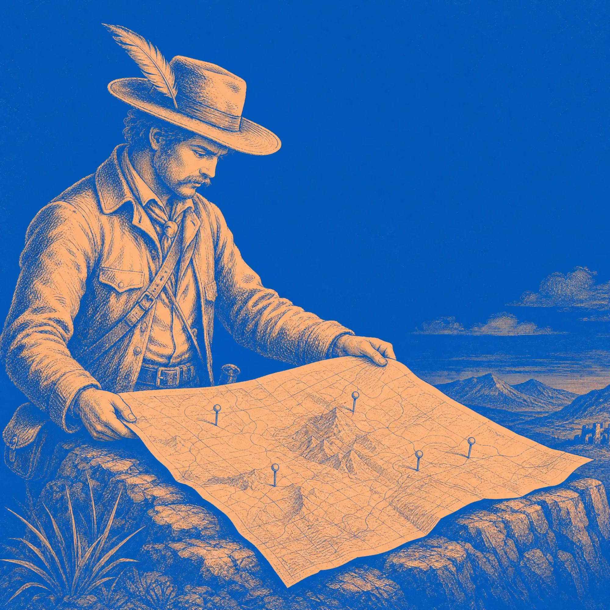 Engraved illustration of the Canvas Scout scout reading a map marked with pins